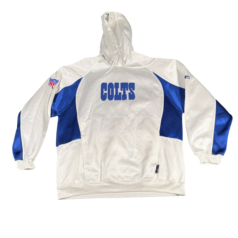 Reebok NFL Indianapolis Colts Hoodie Mens Large White Blue Horseshoe Pullover